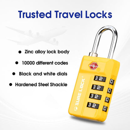 SURE LOCK TSA Approved 4-Digit Resettable Combination Luggage Locks with Open Alert, Easy-Read Dials - for Luggage, School Lockers, Gym, Office, Toolbox & Security Cases (Black)