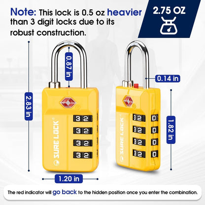SURE LOCK TSA Approved 4-Digit Resettable Combination Luggage Locks with Open Alert, Easy-Read Dials - for Luggage, School Lockers, Gym, Office, Toolbox & Security Cases (Black)