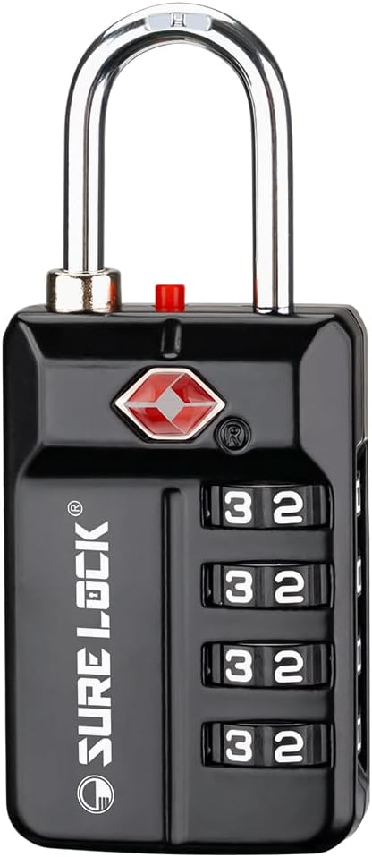 SURE LOCK TSA Approved 4-Digit Resettable Combination Luggage Locks with Open Alert, Easy-Read Dials - for Luggage, School Lockers, Gym, Office, Toolbox & Security Cases (Black)