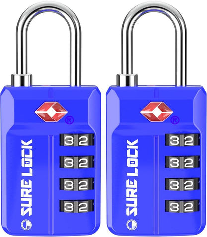 SURE LOCK TSA Approved 4-Digit Resettable Combination Luggage Locks with Open Alert, Easy-Read Dials - for Luggage, School Lockers, Gym, Office, Toolbox & Security Cases (Black)