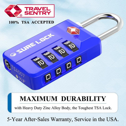 SURE LOCK TSA Approved 4-Digit Resettable Combination Luggage Locks with Open Alert, Easy-Read Dials - for Luggage, School Lockers, Gym, Office, Toolbox & Security Cases (Black)