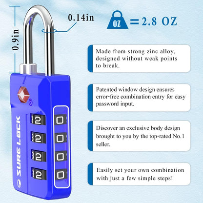 SURE LOCK TSA Approved 4-Digit Resettable Combination Luggage Locks with Open Alert, Easy-Read Dials - for Luggage, School Lockers, Gym, Office, Toolbox & Security Cases (Black)