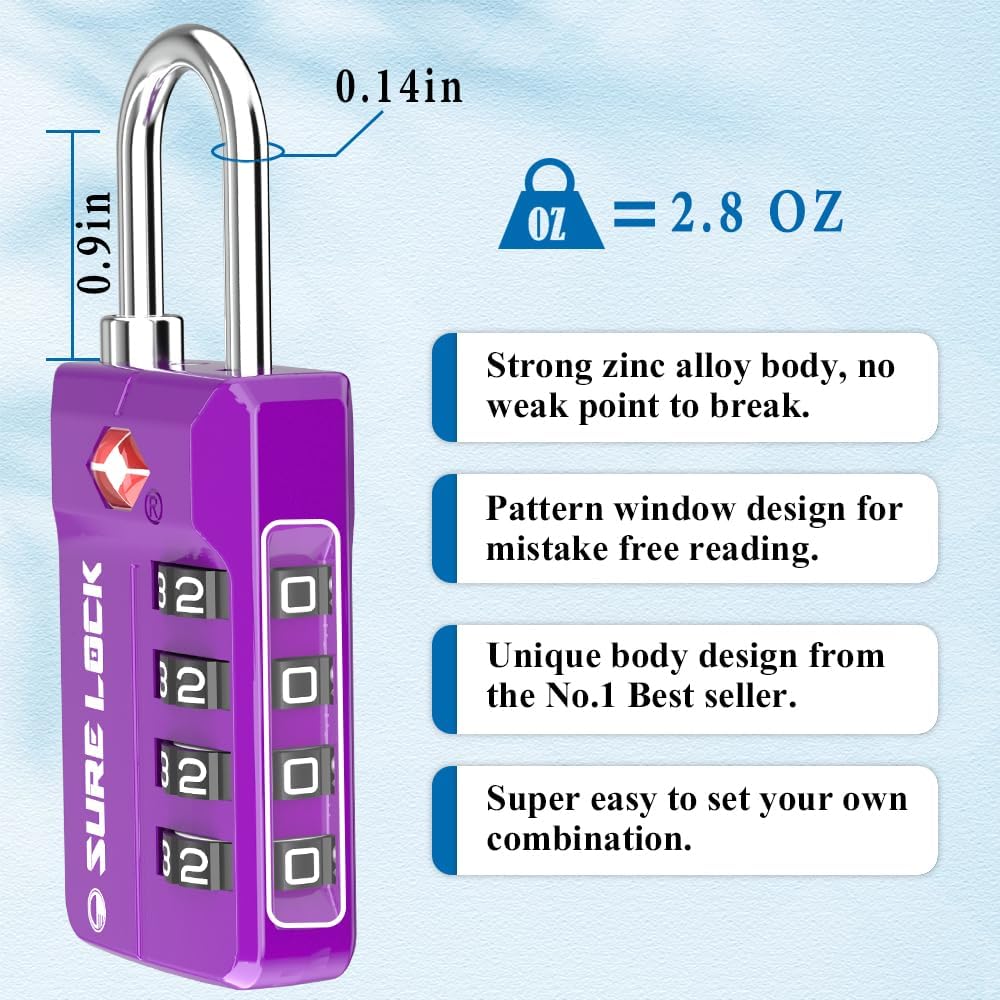 SURE LOCK TSA Approved 4-Digit Resettable Combination Luggage Locks with Open Alert, Easy-Read Dials - for Luggage, School Lockers, Gym, Office, Toolbox & Security Cases (Black)