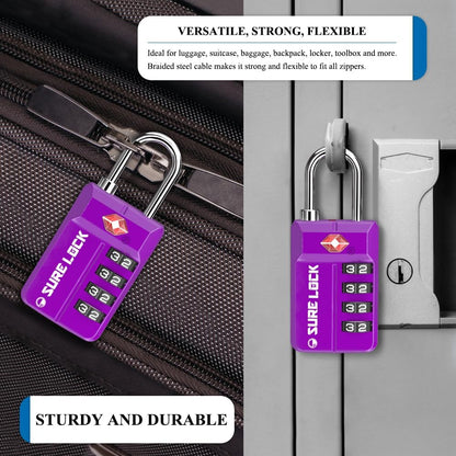 SURE LOCK TSA Approved 4-Digit Resettable Combination Luggage Locks with Open Alert, Easy-Read Dials - for Luggage, School Lockers, Gym, Office, Toolbox & Security Cases (Black)