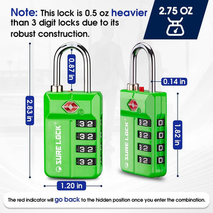 SURE LOCK TSA Approved 4-Digit Resettable Combination Luggage Locks with Open Alert, Easy-Read Dials - for Luggage, School Lockers, Gym, Office, Toolbox & Security Cases (Black)