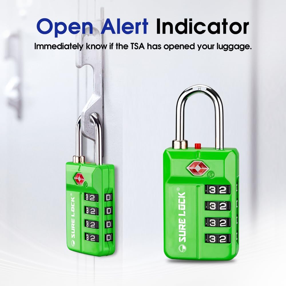 SURE LOCK TSA Approved 4-Digit Resettable Combination Luggage Locks with Open Alert, Easy-Read Dials - for Luggage, School Lockers, Gym, Office, Toolbox & Security Cases (Black)