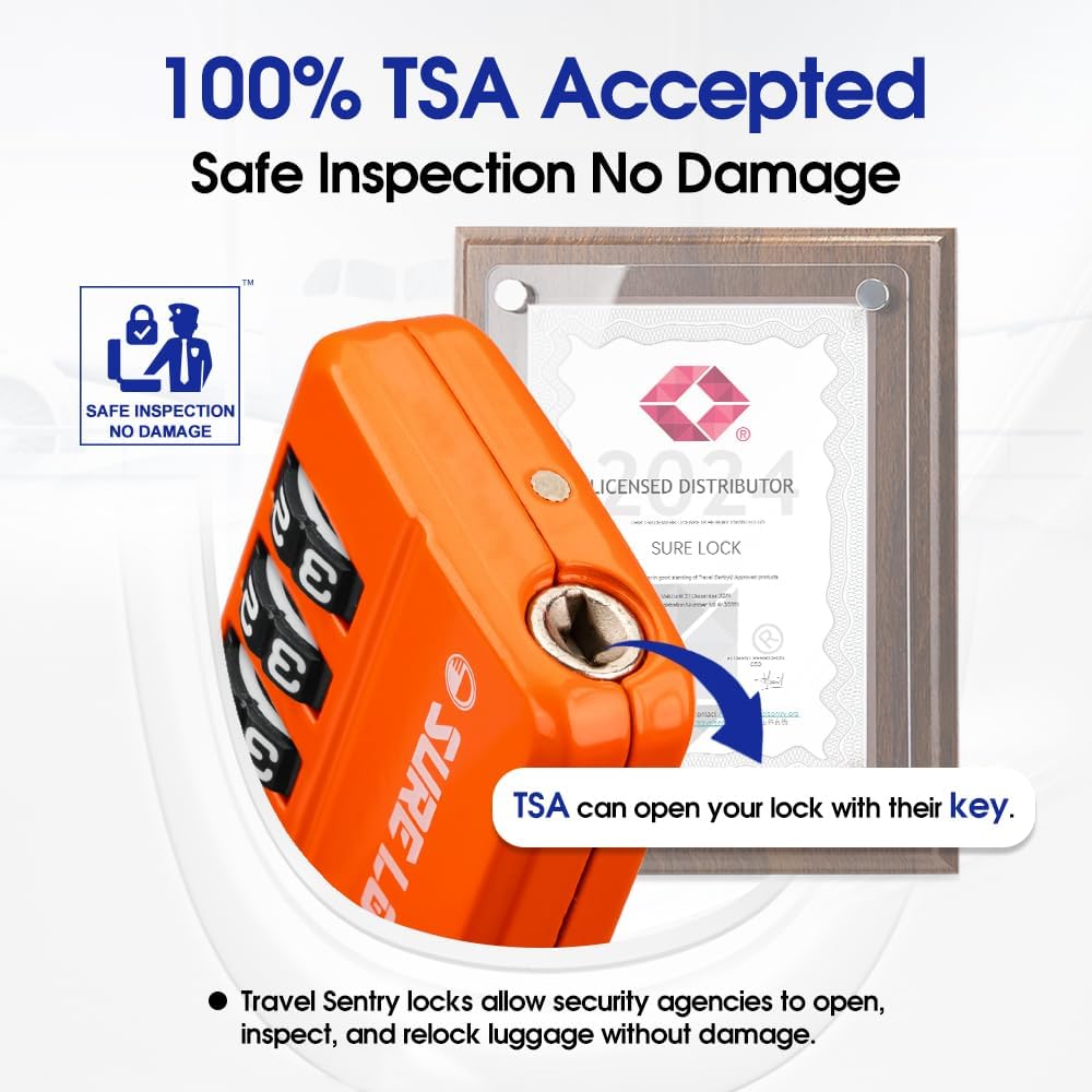 SURE LOCK TSA Approved 4-Digit Resettable Combination Luggage Locks with Open Alert, Easy-Read Dials - for Luggage, School Lockers, Gym, Office, Toolbox & Security Cases (Black)