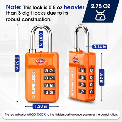 SURE LOCK TSA Approved 4-Digit Resettable Combination Luggage Locks with Open Alert, Easy-Read Dials - for Luggage, School Lockers, Gym, Office, Toolbox & Security Cases (Black)