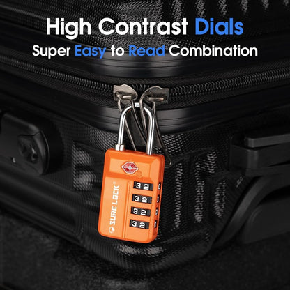 SURE LOCK TSA Approved 4-Digit Resettable Combination Luggage Locks with Open Alert, Easy-Read Dials - for Luggage, School Lockers, Gym, Office, Toolbox & Security Cases (Black)
