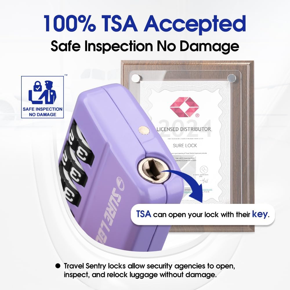 SURE LOCK TSA Approved 4-Digit Resettable Combination Luggage Locks with Open Alert, Easy-Read Dials - for Luggage, School Lockers, Gym, Office, Toolbox & Security Cases (Black)