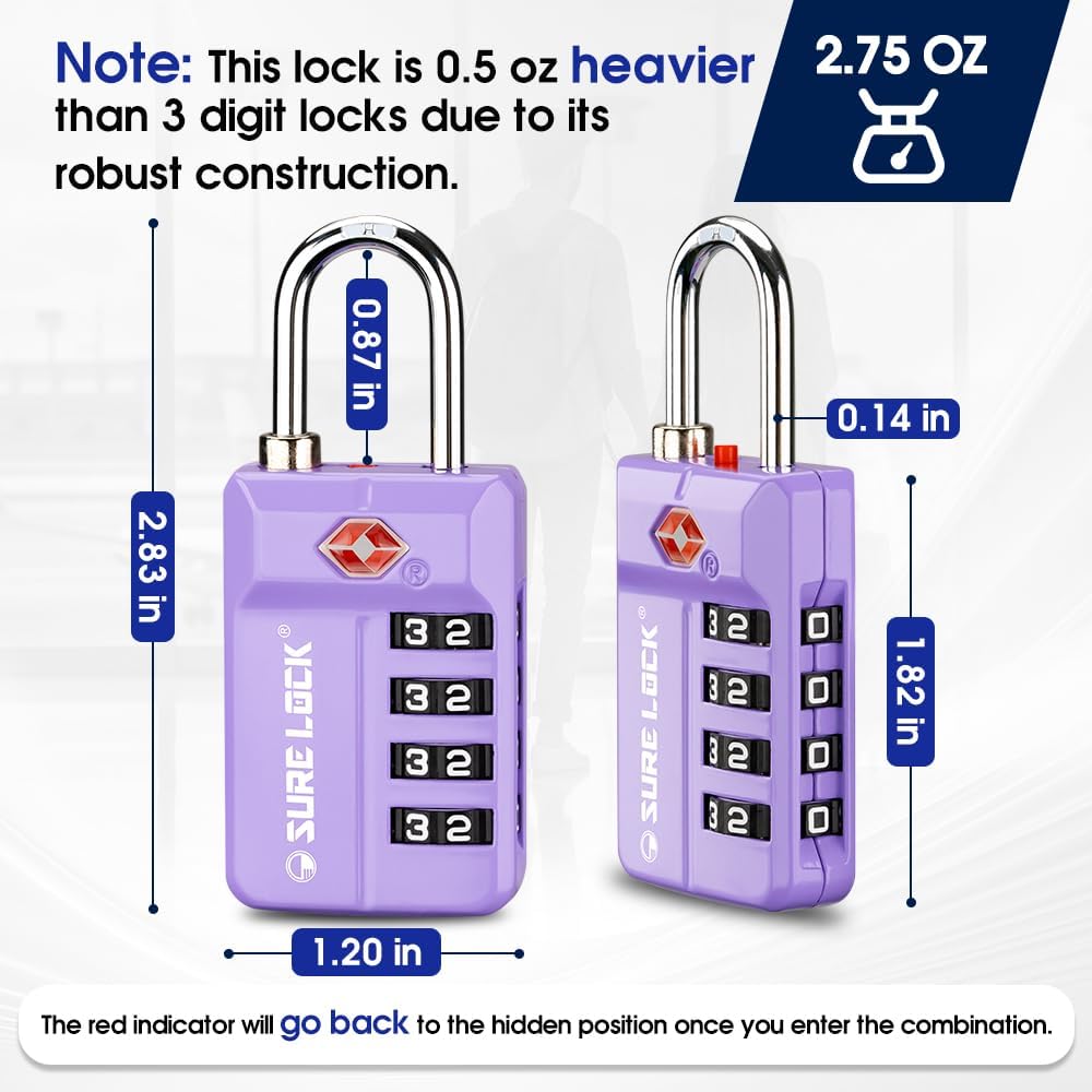 SURE LOCK TSA Approved 4-Digit Resettable Combination Luggage Locks with Open Alert, Easy-Read Dials - for Luggage, School Lockers, Gym, Office, Toolbox & Security Cases (Black)