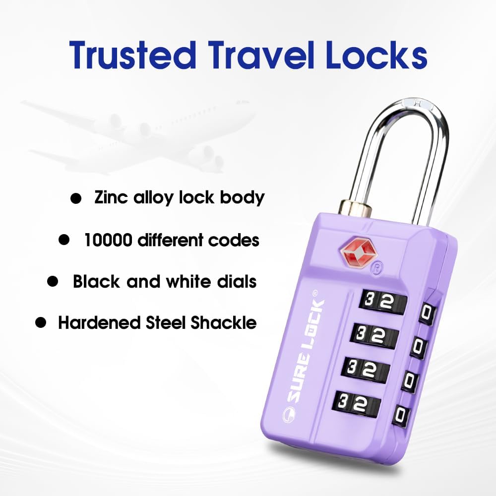 SURE LOCK TSA Approved 4-Digit Resettable Combination Luggage Locks with Open Alert, Easy-Read Dials - for Luggage, School Lockers, Gym, Office, Toolbox & Security Cases (Black)