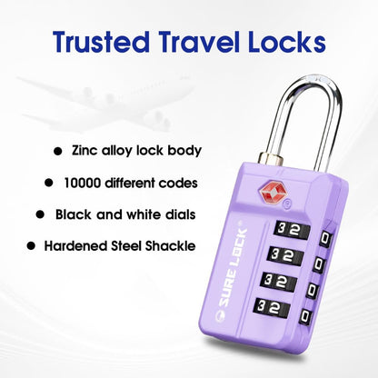 SURE LOCK TSA Approved 4-Digit Resettable Combination Luggage Locks with Open Alert, Easy-Read Dials - for Luggage, School Lockers, Gym, Office, Toolbox & Security Cases (Black)