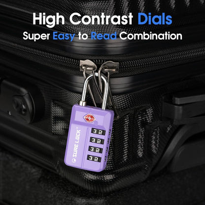 SURE LOCK TSA Approved 4-Digit Resettable Combination Luggage Locks with Open Alert, Easy-Read Dials - for Luggage, School Lockers, Gym, Office, Toolbox & Security Cases (Black)