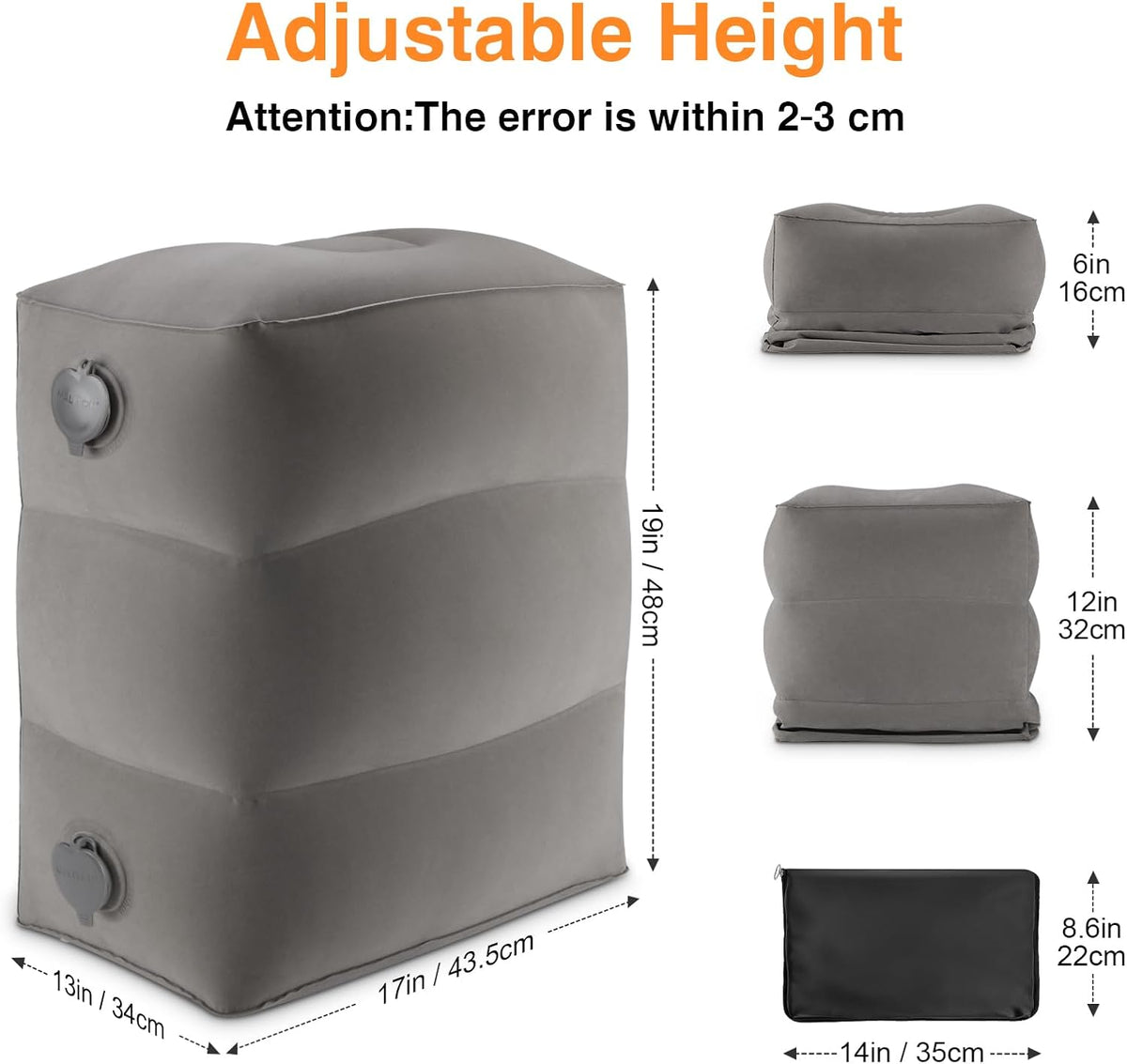 Inflatable Foot Rest Pillow for Travel,Kids Airplane Bed,Adjustable 3 Layers Height Leg Pillow of Air Travel Essentials,Car, Office, Home - Fast Inflation (Grey)