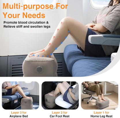 Inflatable Foot Rest Pillow for Travel,Kids Airplane Bed,Adjustable 3 Layers Height Leg Pillow of Air Travel Essentials,Car, Office, Home - Fast Inflation (Grey)