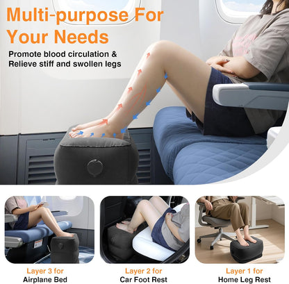 Inflatable Foot Rest Pillow for Travel,Kids Airplane Bed,Adjustable 3 Layers Height Leg Pillow of Air Travel Essentials,Car, Office, Home - Fast Inflation (Grey)