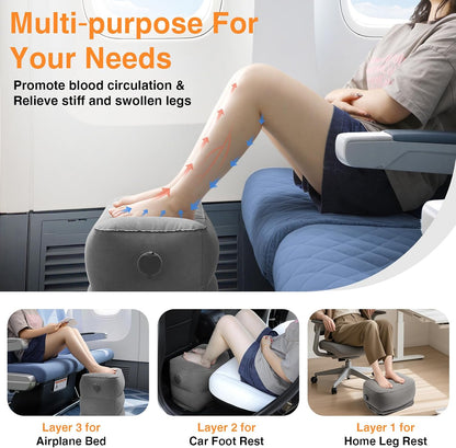 Inflatable Foot Rest Pillow for Travel,Kids Airplane Bed,Adjustable 3 Layers Height Leg Pillow of Air Travel Essentials,Car, Office, Home - Fast Inflation (Grey)