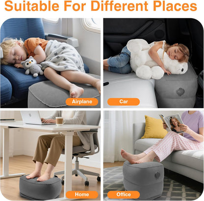 Inflatable Foot Rest Pillow for Travel,Kids Airplane Bed,Adjustable 3 Layers Height Leg Pillow of Air Travel Essentials,Car, Office, Home - Fast Inflation (Grey)