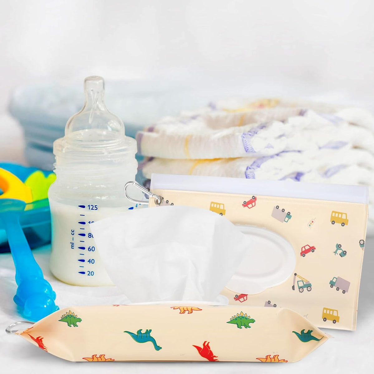 2Packs Baby Wipes Dispenser Portable Baby Wipe Holder Refillable Wet Wipes Container Reusable Travel Wipes Case, Keeps Wipes Fresh(Blue)