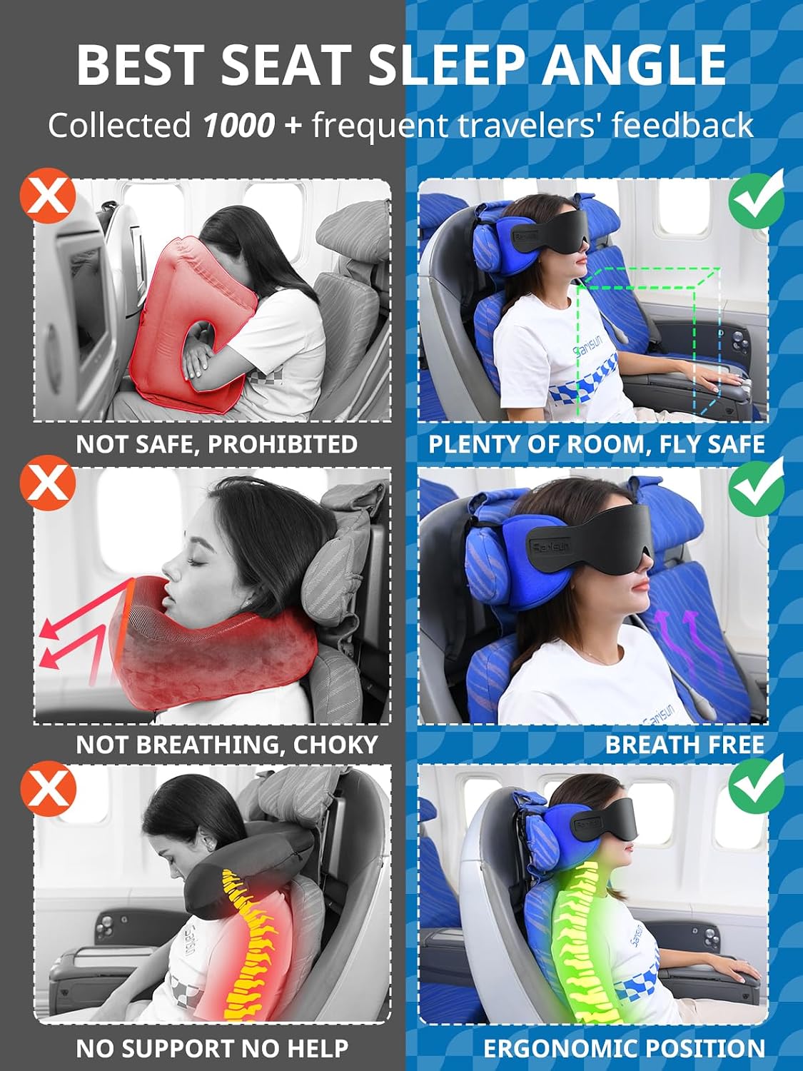 Travel Pillow for Airplanes Sleep, Seat Strap for Stable Support