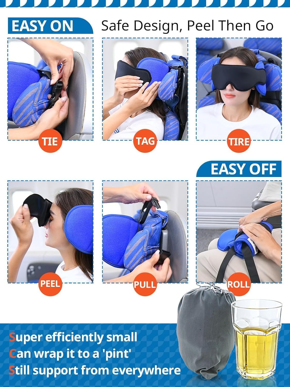 Travel Pillow for Airplanes Sleep, Seat Strap for Stable Support