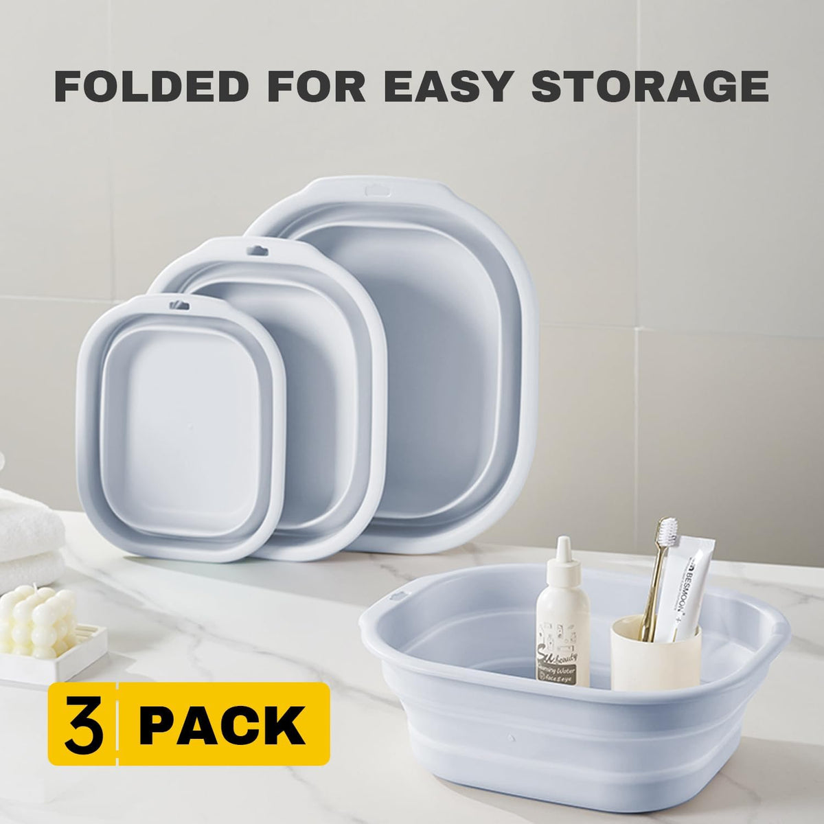 Collapsible Wash Basin Set of 3, Foldable Large Medium Small Wash Basins, Portable Plastic Basins for Laundry, Bottles, Travel, Camping (Blue Gray)