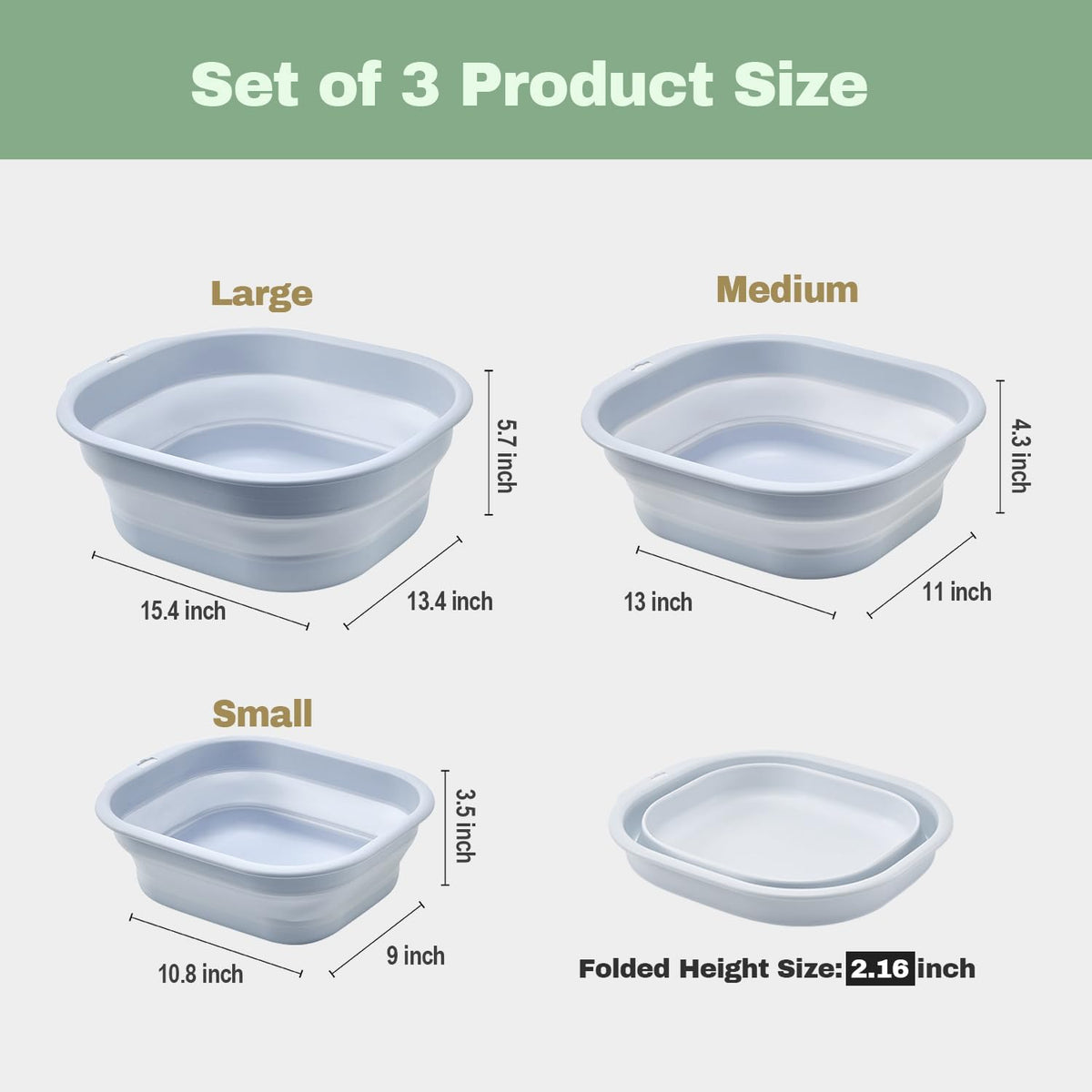 Collapsible Wash Basin Set of 3, Foldable Large Medium Small Wash Basins, Portable Plastic Basins for Laundry, Bottles, Travel, Camping (Blue Gray)