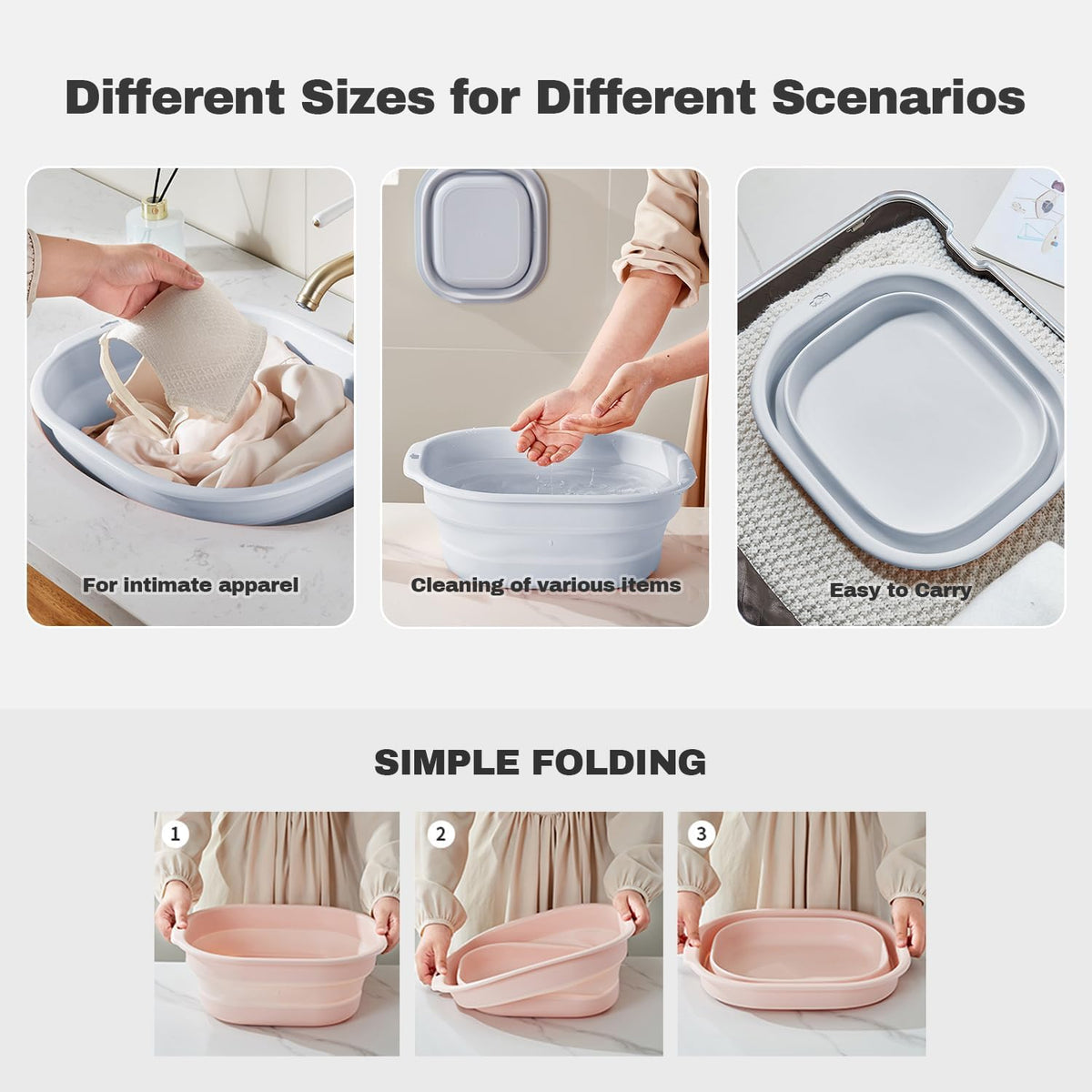 Collapsible Wash Basin Set of 3, Foldable Large Medium Small Wash Basins, Portable Plastic Basins for Laundry, Bottles, Travel, Camping (Blue Gray)