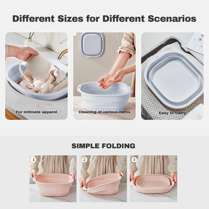 Collapsible Wash Basin Set of 3, Foldable Large Medium Small Wash Basins, Portable Plastic Basins for Laundry, Bottles, Travel, Camping (Blue Gray)