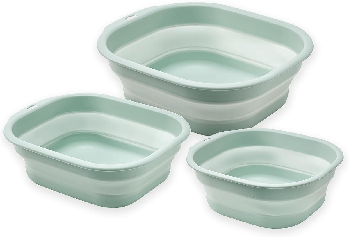 Collapsible Wash Basin Set of 3, Foldable Large Medium Small Wash Basins, Portable Plastic Basins for Laundry, Bottles, Travel, Camping (Blue Gray)