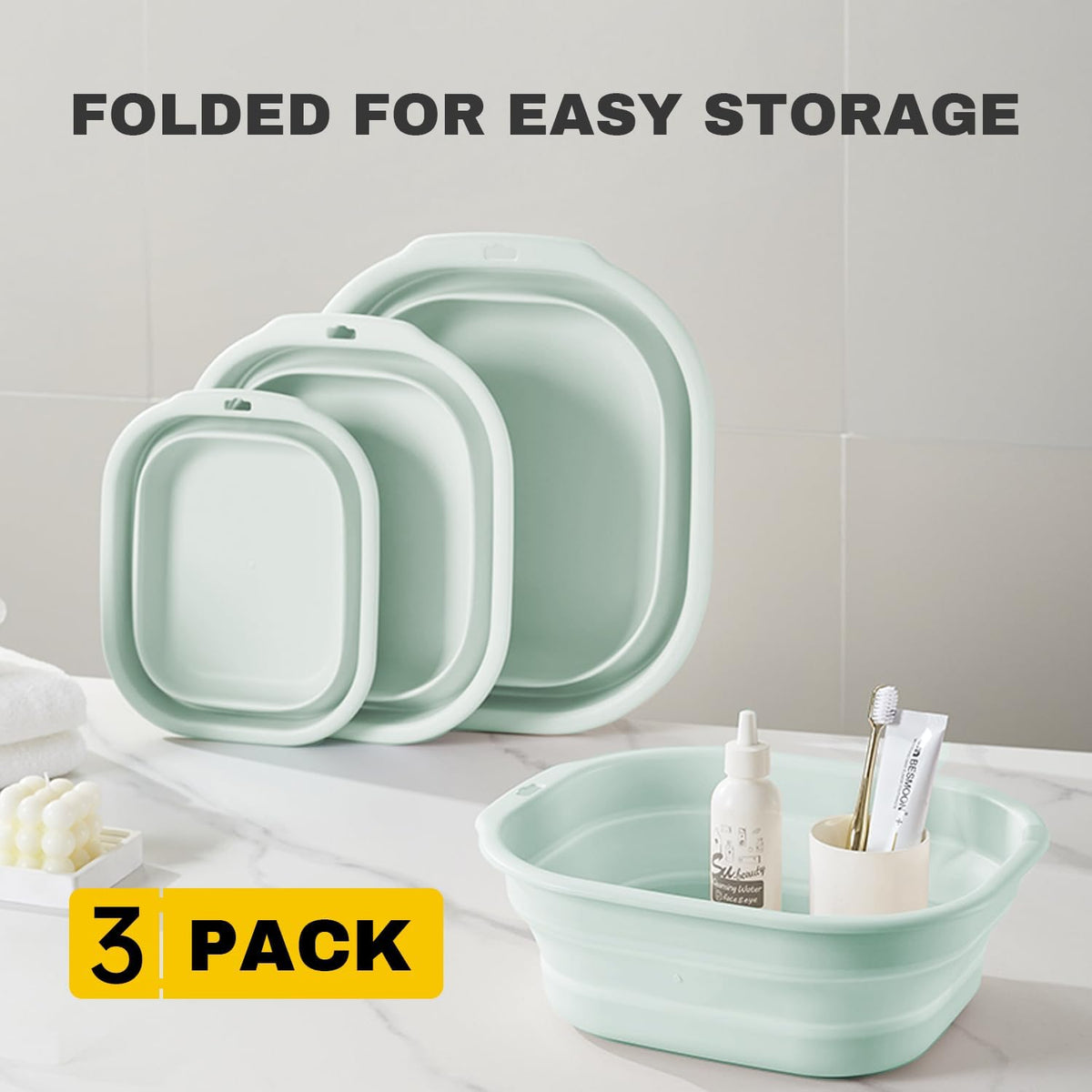 Collapsible Wash Basin Set of 3, Foldable Large Medium Small Wash Basins, Portable Plastic Basins for Laundry, Bottles, Travel, Camping (Blue Gray)