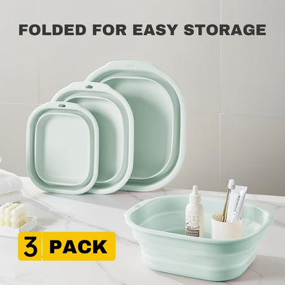 Collapsible Wash Basin Set of 3, Foldable Large Medium Small Wash Basins, Portable Plastic Basins for Laundry, Bottles, Travel, Camping (Blue Gray)