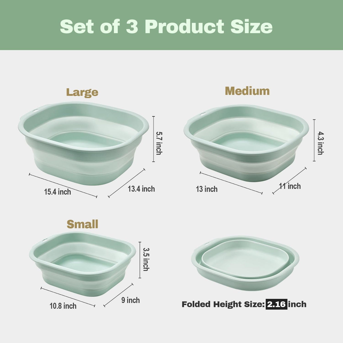 Collapsible Wash Basin Set of 3, Foldable Large Medium Small Wash Basins, Portable Plastic Basins for Laundry, Bottles, Travel, Camping (Blue Gray)