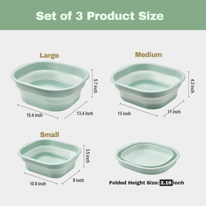 Collapsible Wash Basin Set of 3, Foldable Large Medium Small Wash Basins, Portable Plastic Basins for Laundry, Bottles, Travel, Camping (Blue Gray)