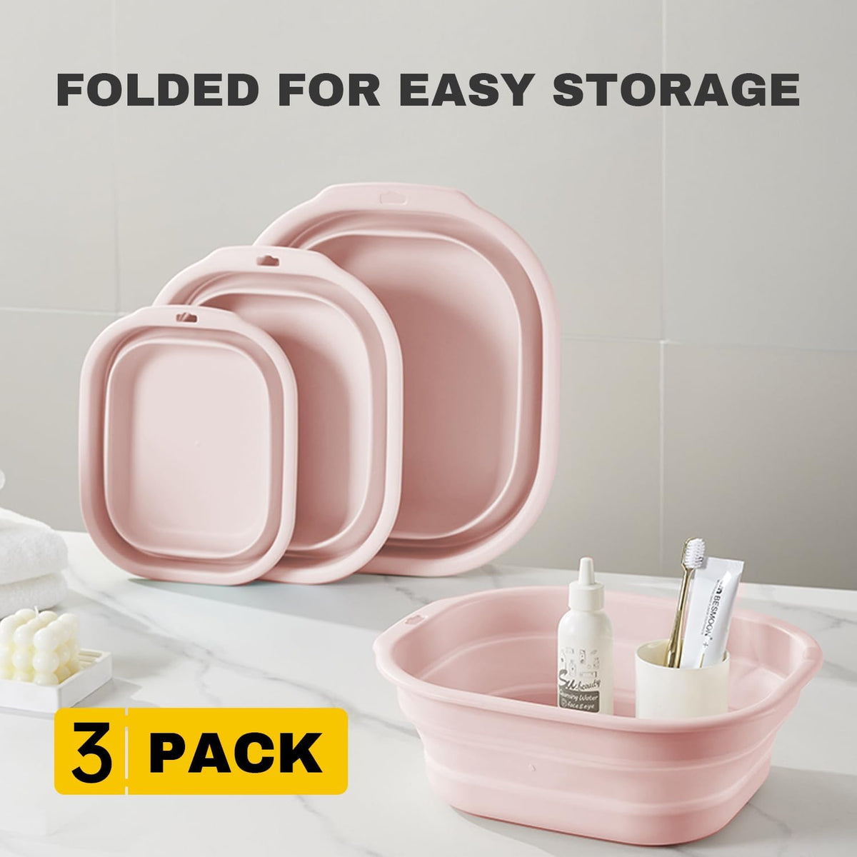Collapsible Wash Basin Set of 3, Foldable Large Medium Small Wash Basins, Portable Plastic Basins for Laundry, Bottles, Travel, Camping (Blue Gray)