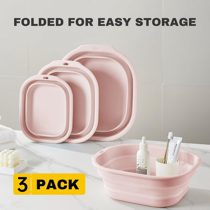 Collapsible Wash Basin Set of 3, Foldable Large Medium Small Wash Basins, Portable Plastic Basins for Laundry, Bottles, Travel, Camping (Blue Gray)