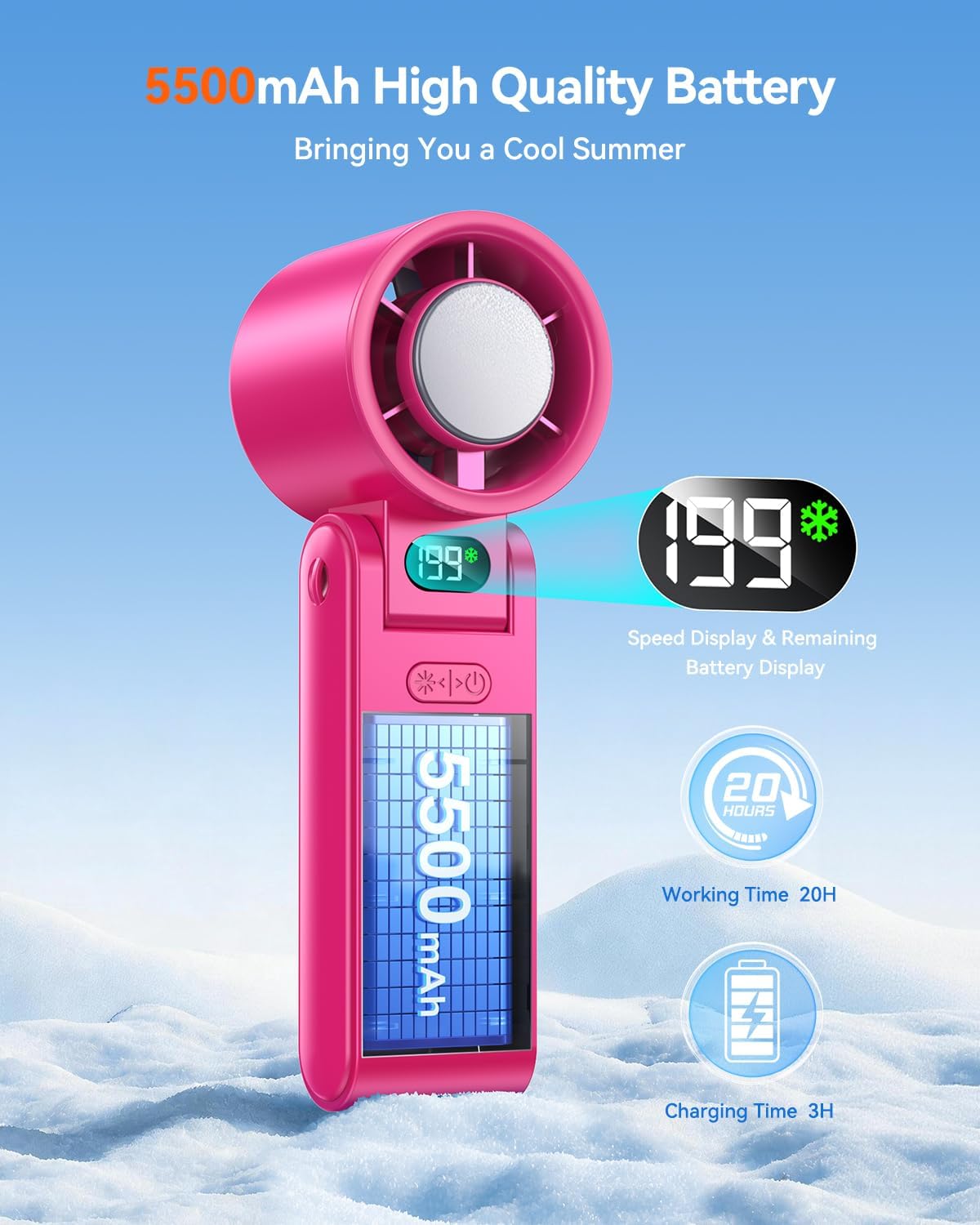 Portable Handheld Fan with Ice Cooler, 199 Speed Personal Fan,5500mAh Rechargeable,20H Cooling Time,20000 RPM Powerful Motor, Summer Essential for Travel/Outdoor/Office, Grey Purple