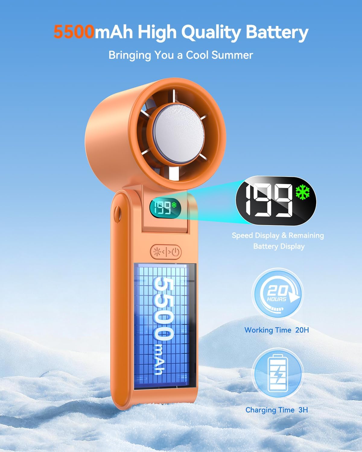 Portable Handheld Fan with Ice Cooler, 199 Speed Personal Fan,5500mAh Rechargeable,20H Cooling Time,20000 RPM Powerful Motor, Summer Essential for Travel/Outdoor/Office, Grey Purple