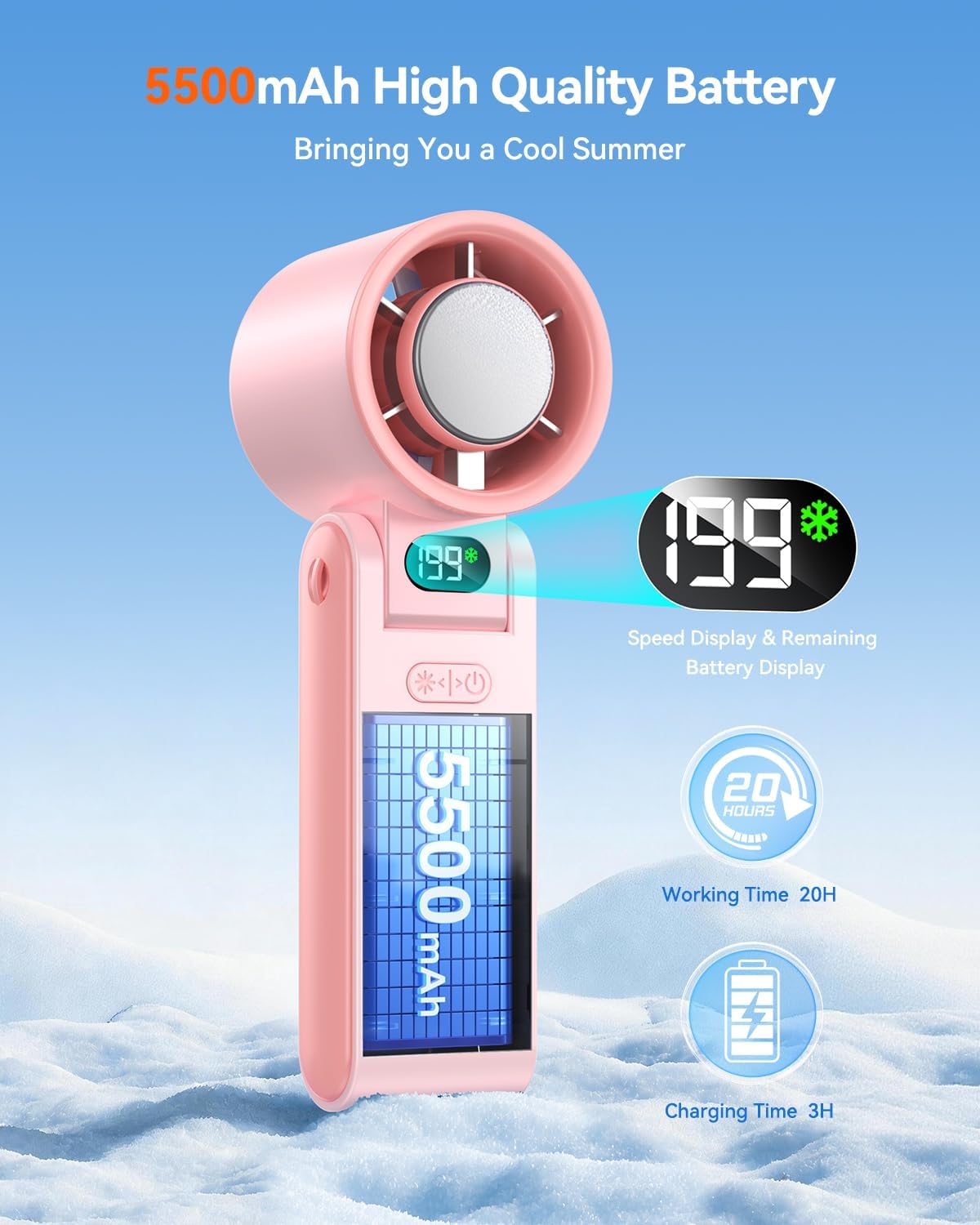 Portable Handheld Fan with Ice Cooler, 199 Speed Personal Fan,5500mAh Rechargeable,20H Cooling Time,20000 RPM Powerful Motor, Summer Essential for Travel/Outdoor/Office, Grey Purple