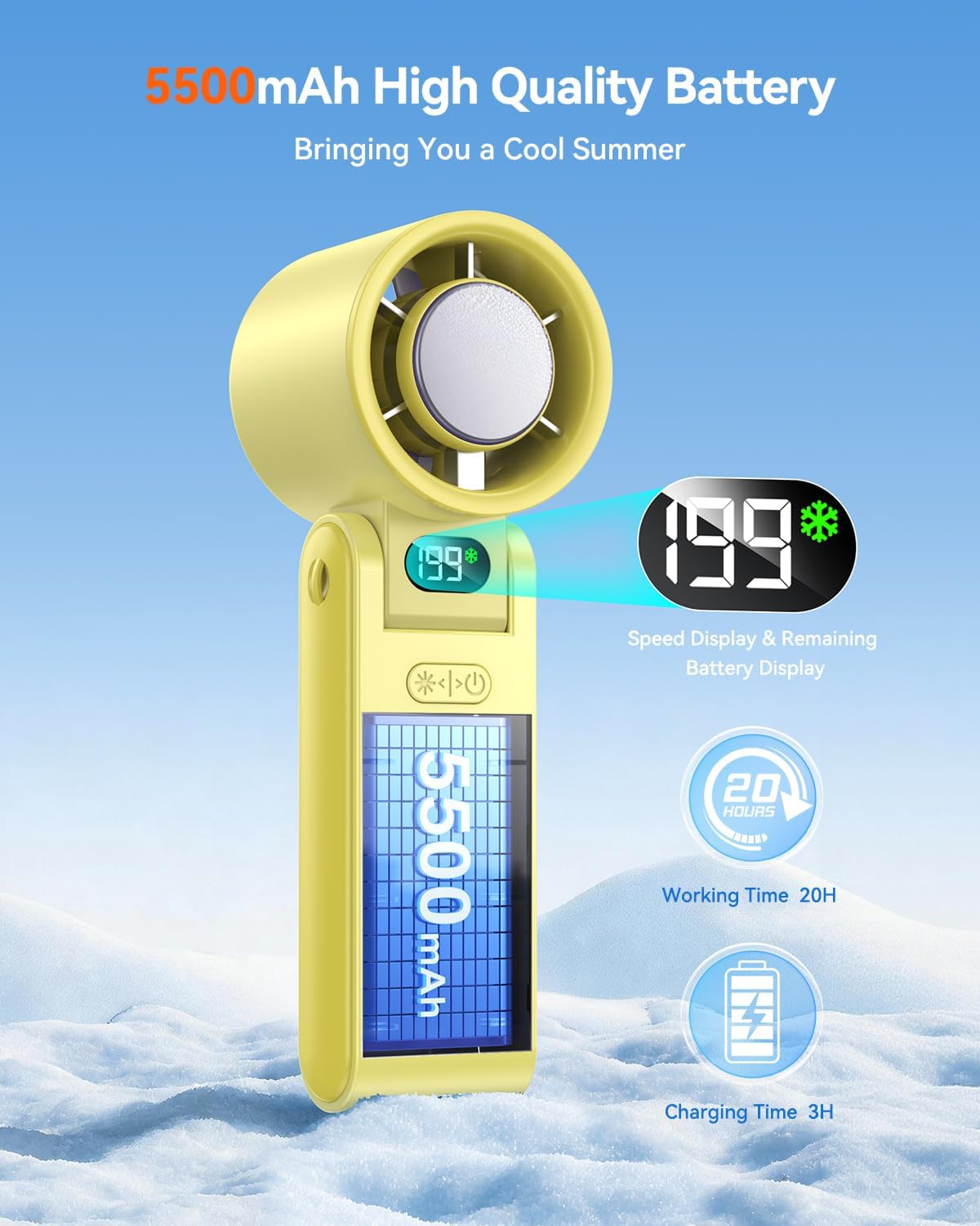 Portable Handheld Fan with Ice Cooler, 199 Speed Personal Fan,5500mAh Rechargeable,20H Cooling Time,20000 RPM Powerful Motor, Summer Essential for Travel/Outdoor/Office, Grey Purple