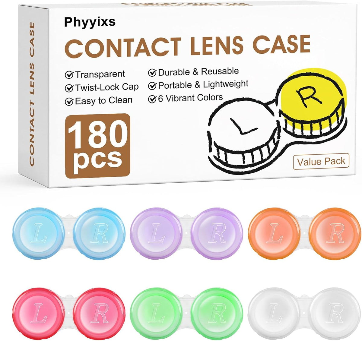 Contact Lens Cases Bulk, Transparent Cute Contact Lens Case for Home & Travel, 6 Color (60)