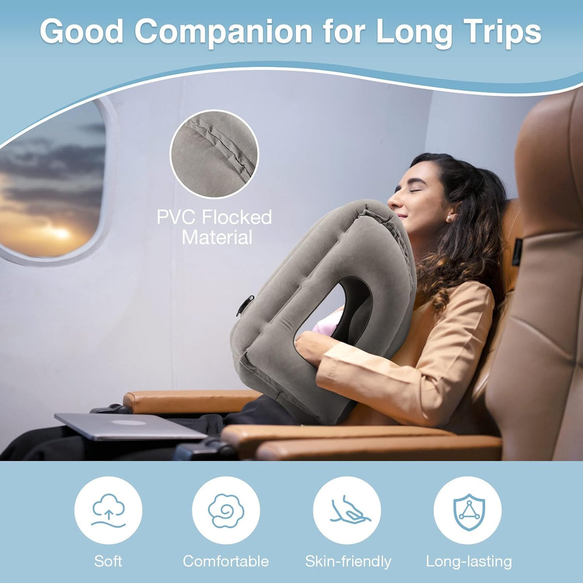 Inflatable Travel Pillow, Neck Pillow with Storage Bag, Gray