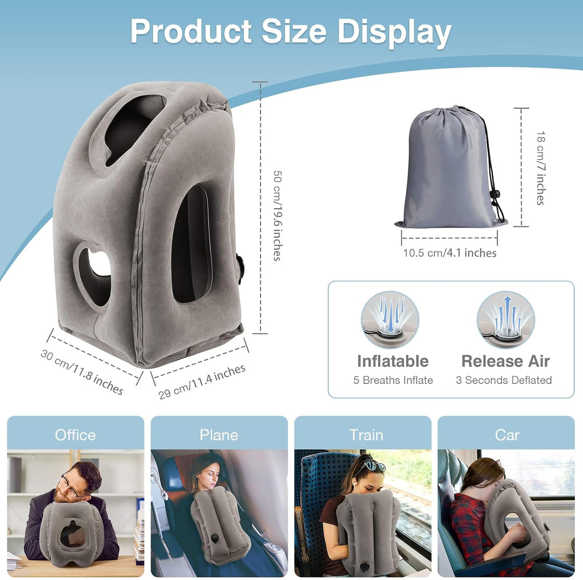 Inflatable Travel Pillow, Neck Pillow with Storage Bag, Gray