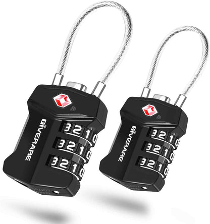 2 Pack TSA Approved Travel Luggage Locks, Cable Combination Lock Alloy, Metal Keyless 3-Digit Padlocks, Weatherproof TSA Accepted Padlock for Gym Locker, Golf Bag Case, Backpack, Black