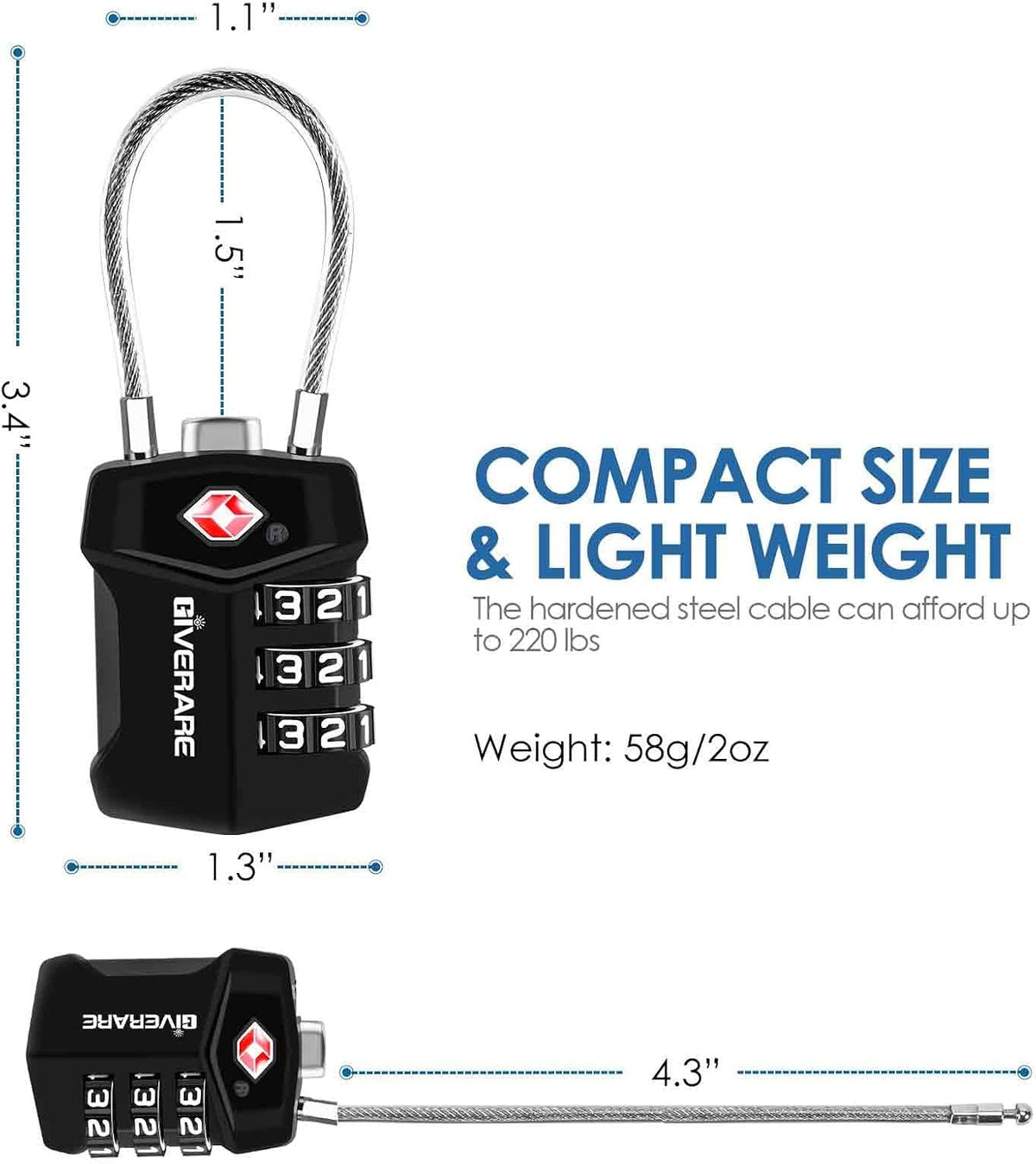 2 Pack TSA Approved Travel Luggage Locks, Cable Combination Lock Alloy, Metal Keyless 3-Digit Padlocks, Weatherproof TSA Accepted Padlock for Gym Locker, Golf Bag Case, Backpack, Black