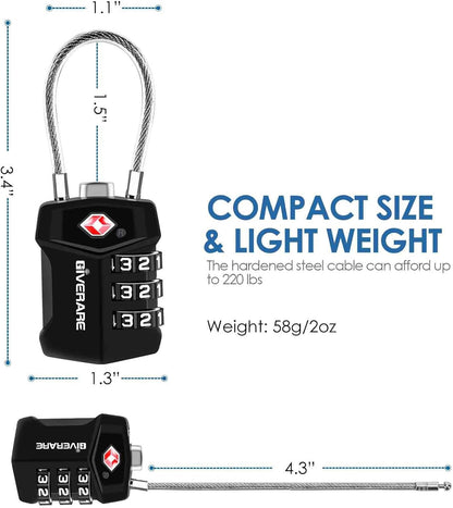 2 Pack TSA Approved Travel Luggage Locks, Cable Combination Lock Alloy, Metal Keyless 3-Digit Padlocks, Weatherproof TSA Accepted Padlock for Gym Locker, Golf Bag Case, Backpack, Black