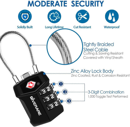 2 Pack TSA Approved Travel Luggage Locks, Cable Combination Lock Alloy, Metal Keyless 3-Digit Padlocks, Weatherproof TSA Accepted Padlock for Gym Locker, Golf Bag Case, Backpack, Black