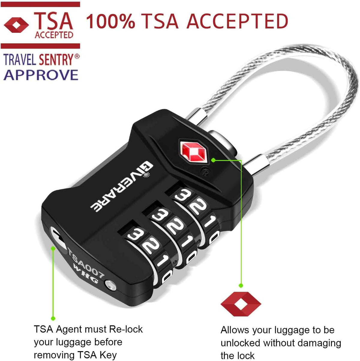 2 Pack TSA Approved Travel Luggage Locks, Cable Combination Lock Alloy, Metal Keyless 3-Digit Padlocks, Weatherproof TSA Accepted Padlock for Gym Locker, Golf Bag Case, Backpack, Black