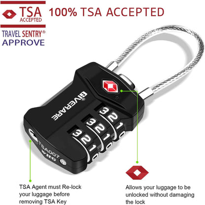 2 Pack TSA Approved Travel Luggage Locks, Cable Combination Lock Alloy, Metal Keyless 3-Digit Padlocks, Weatherproof TSA Accepted Padlock for Gym Locker, Golf Bag Case, Backpack, Black